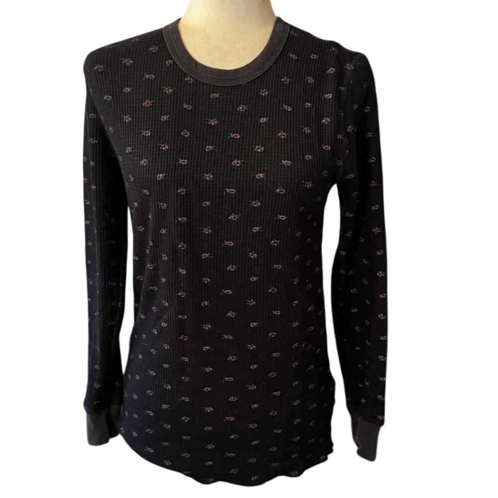 The Great. Floral Waffle Knit Thermal Top Black Pink Long Sleeve Size 0 /XS